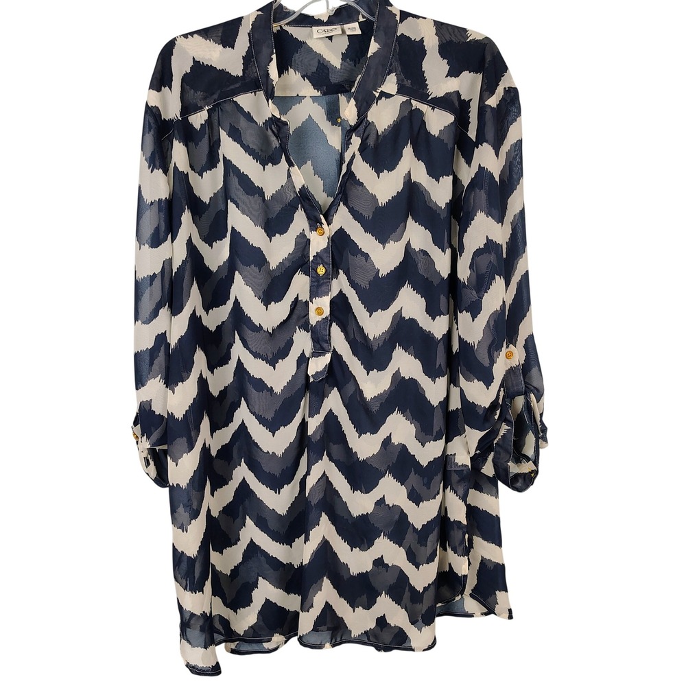 Cato Womens 26/28W Chevron Ikat Tunic Navy White Chiffon Boho Roll Tab Top